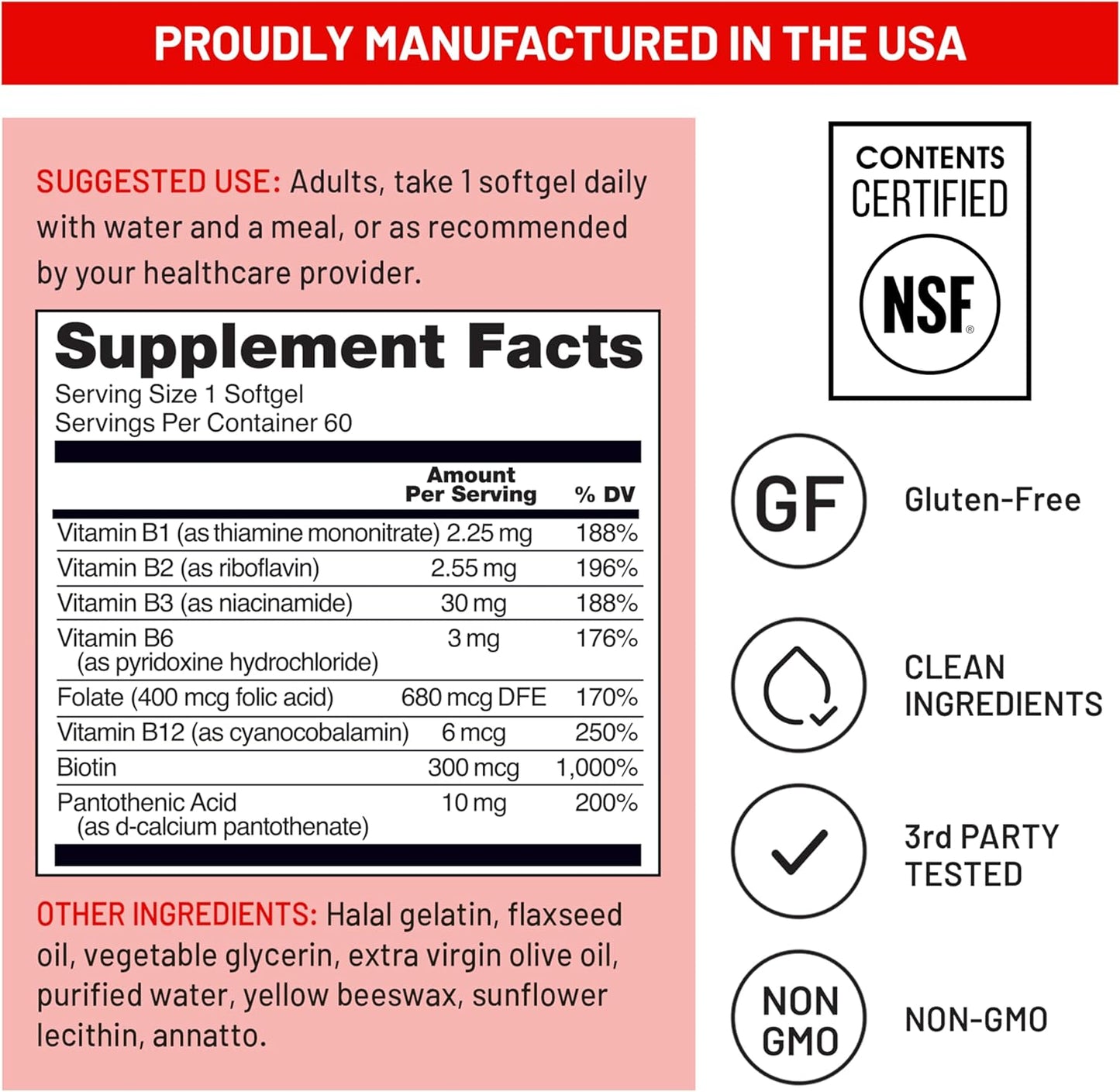 Naturewise Vitamin B Complex for Women and Men - with Folic Acid Biotin B1 B2 B3 B6 B12 - Support Cellular Energy & Mental Clarity - Gluten & Dairy Free, Non-Gmo - 60 Softgels[2-Month Supply]