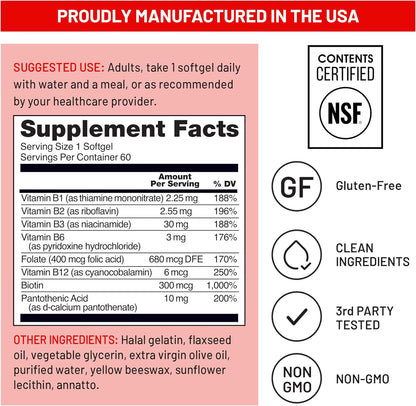 Naturewise Vitamin B Complex for Women and Men - with Folic Acid Biotin B1 B2 B3 B6 B12 - Support Cellular Energy & Mental Clarity - Gluten & Dairy Free, Non-Gmo - 60 Softgels[2-Month Supply]