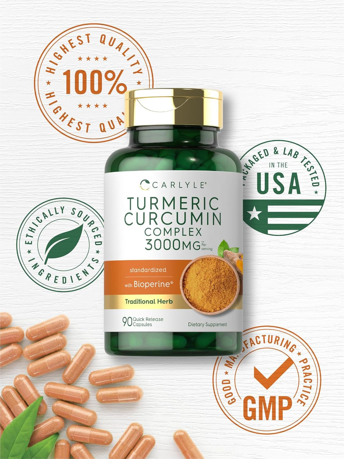 Carlyle Turmeric Curcumin Supplement with Black Pepper | 3000Mg | 90 Capsules | Complex Extract with Bioperine | Non-Gmo, Gluten Free