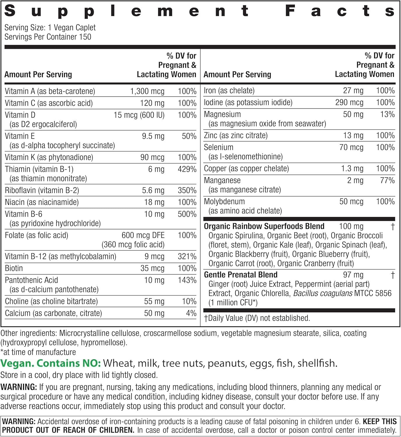 Rainbow Light Prenatal One High  Daily Multivitamin with Folate, Ginger and Probiotics; Supports Mom and Baby from Conception to Nursing; Vegan, 150 Tablets,* Pack May Vary