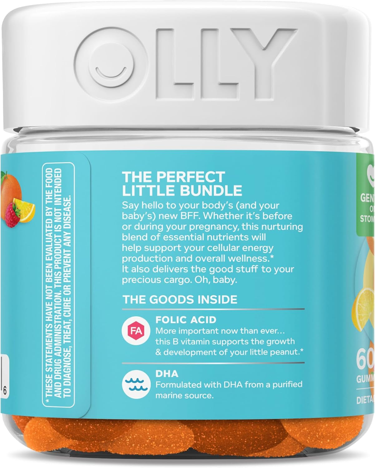 OLLY Prenatal Multivitamin Gummy, Supports Healthy Growth and Brain Development, Folic Acid, Vitamin D, Omega 3 DHA, Chewable Supplement, Citrus Berry Flavor, 30 Day Supply - 60 Count