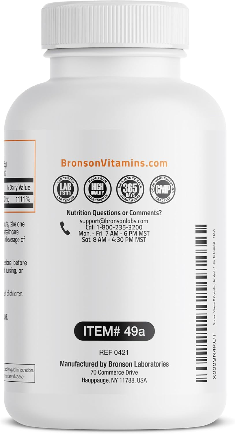 Bronson Vitamin C Powder Pure Ascorbic Acid Soluble Fine Non GMO Crystals – Promotes Healthy Immune System and Cell Protection – Powerful Antioxidant - 1 Pound (16 Ounces)