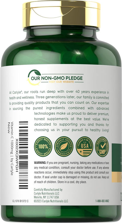 Carlyle Vitamin C 1000Mg | Timed Release | 120 Vegetarian Caplets | with Rose HIPS | Non-Gmo & Gluten Free Supplement