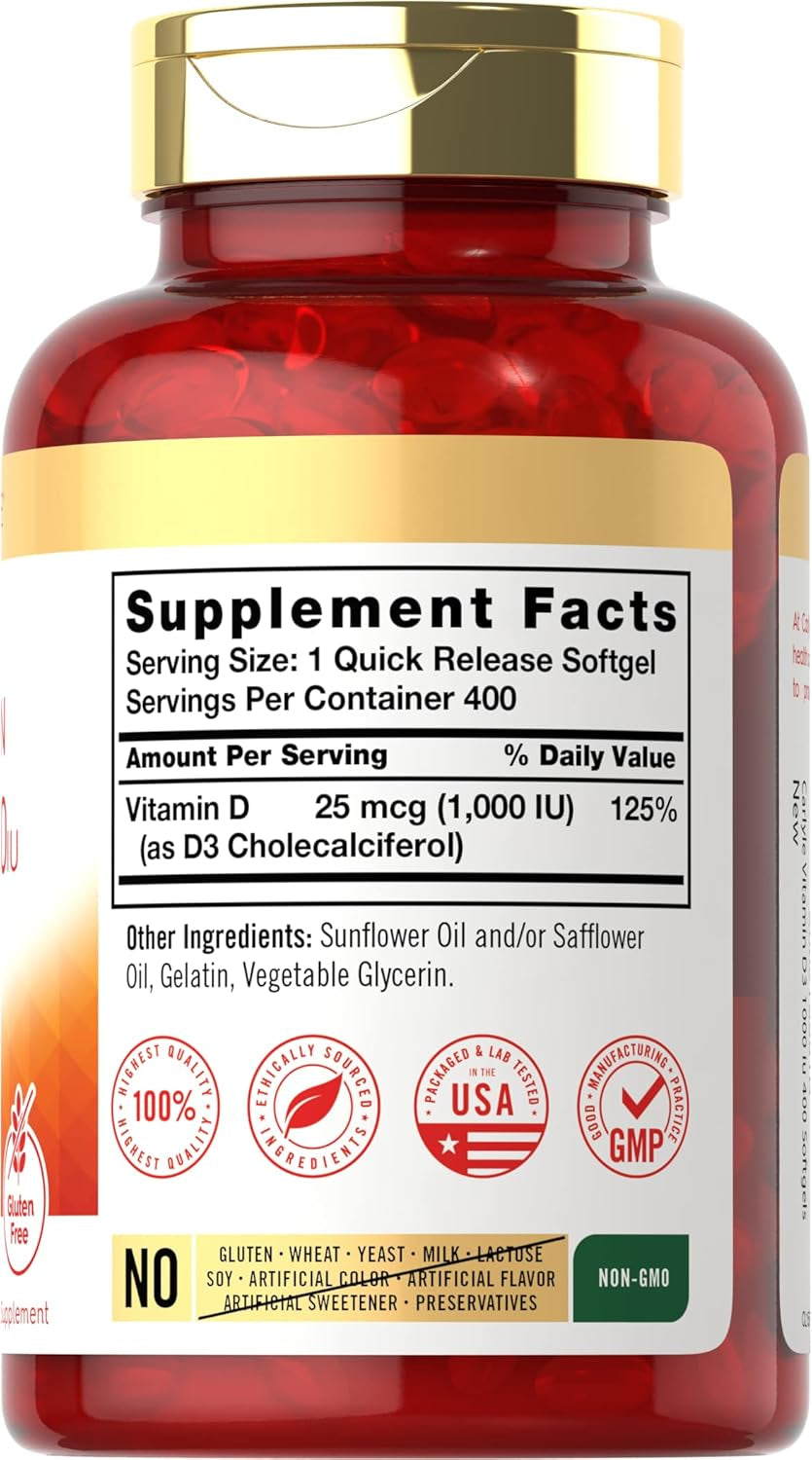 Carlyle Vitamin D3 1000IU | 25 Mcg | 400 Softgels | High  | Non-Gmo & Gluten Free Supplement