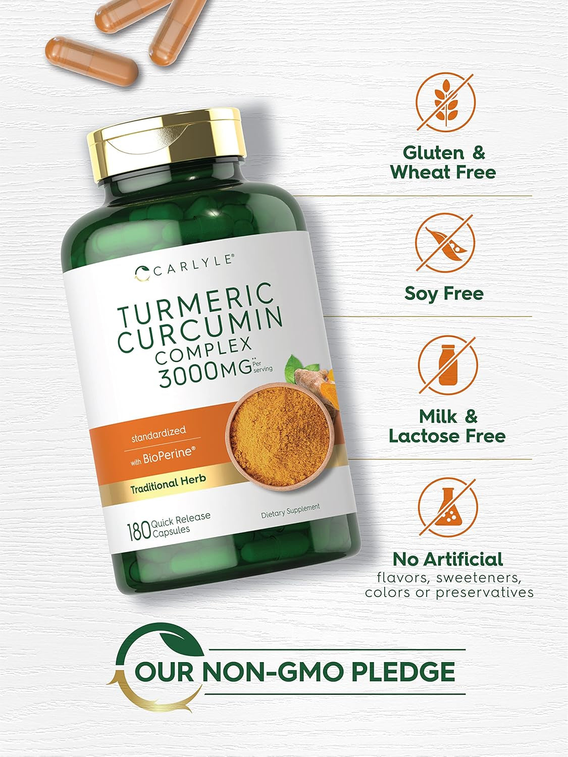 Carlyle Turmeric Curcumin Supplement | 3000Mg 180 Capsules | with Black Pepper, Curcuminoids and Bioperine | Non-Gmo, Gluten Free