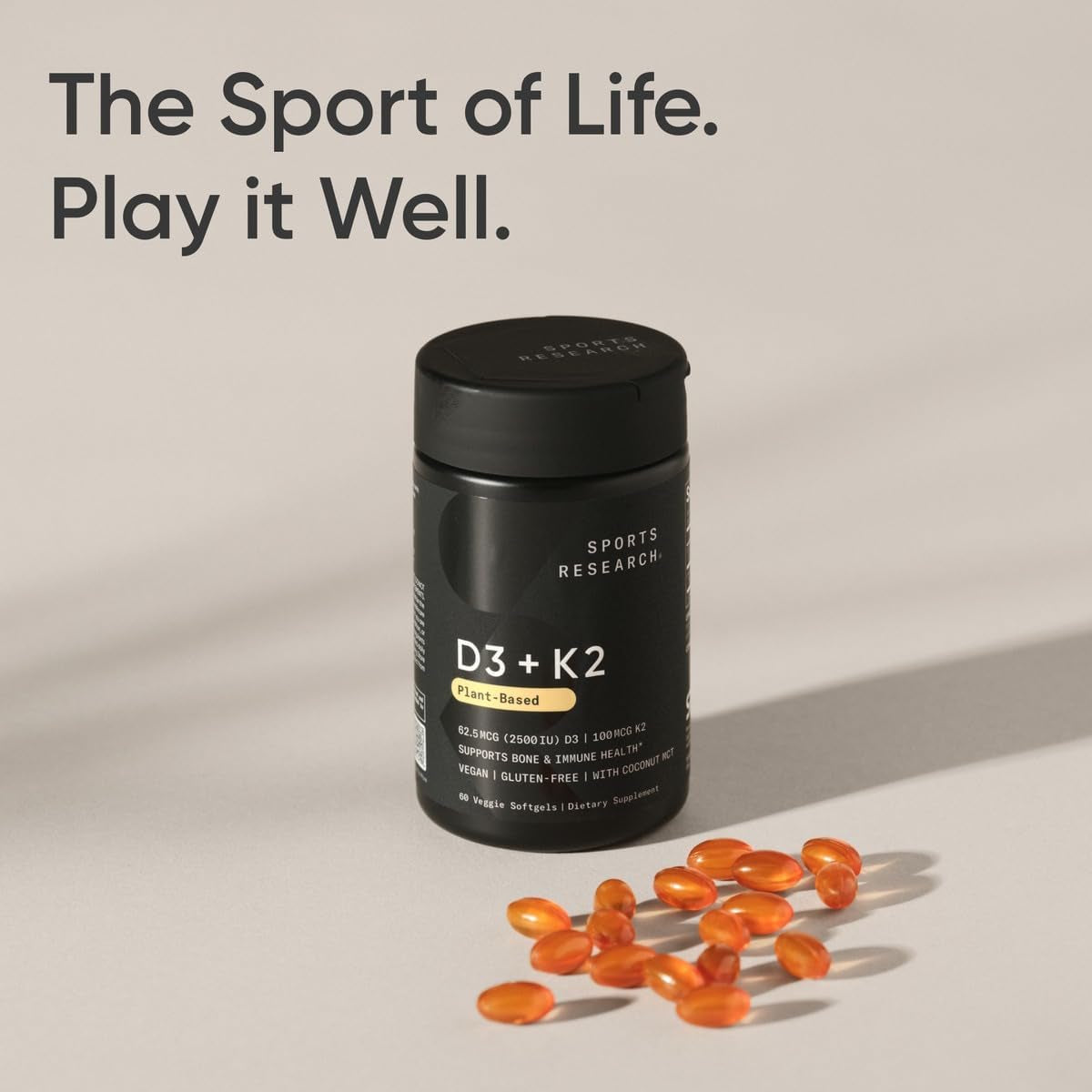 Sports Research® Vitamin D3 + K2 W/Coconut Oil - Vegan Vitamin D 2500Iu & Mk7 Vitamin K 100Mcg for Bone & Immune Support - Vegan Certified · Non-Gmo · Soy Free - 60 Softgels