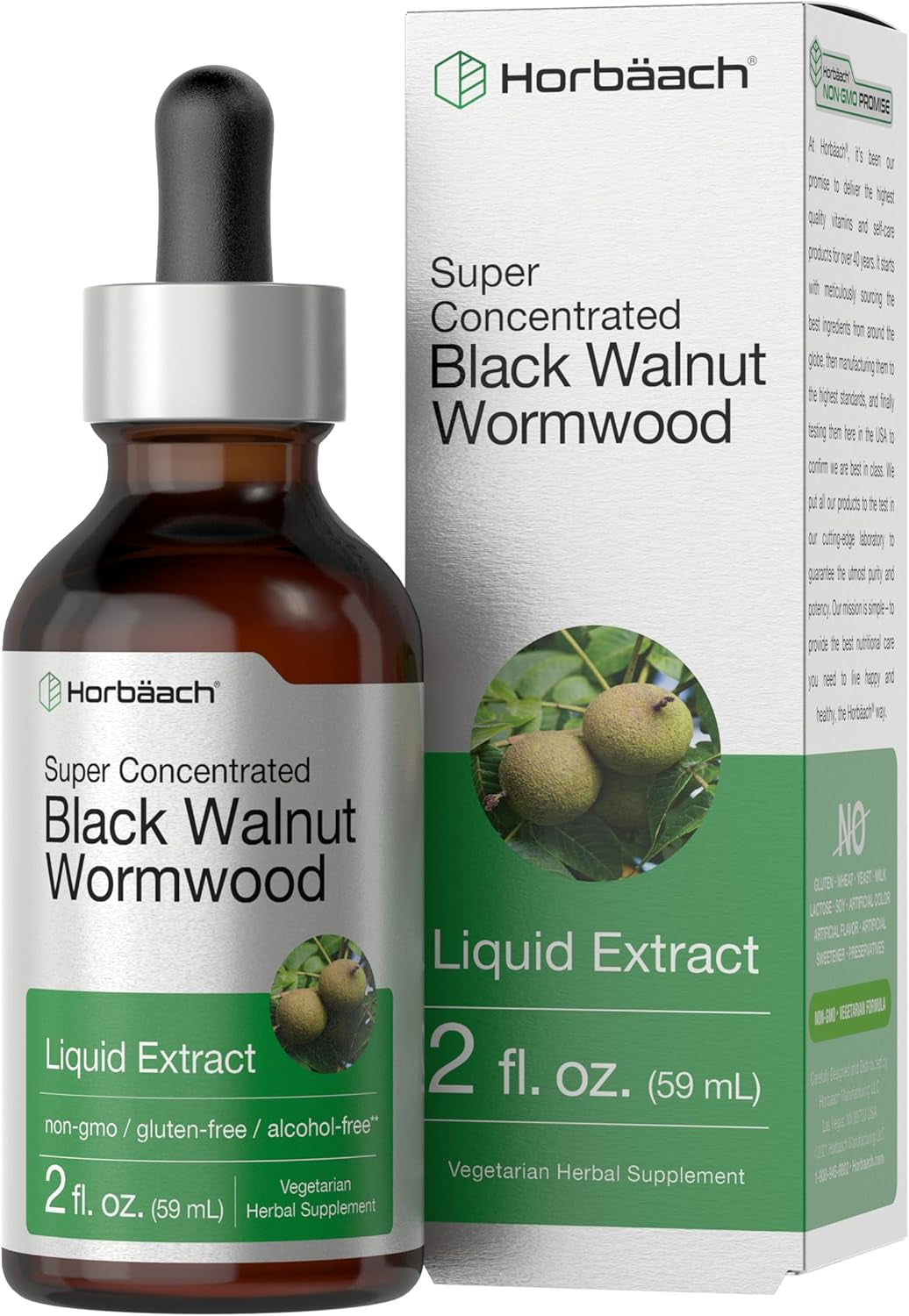 Horbäach Black Walnut Hull Wormwood Extract Tincture | 2 Fl Oz | Alcohol Free Liquid | Vegetarian, Non-Gmo & Gluten Free Supplement