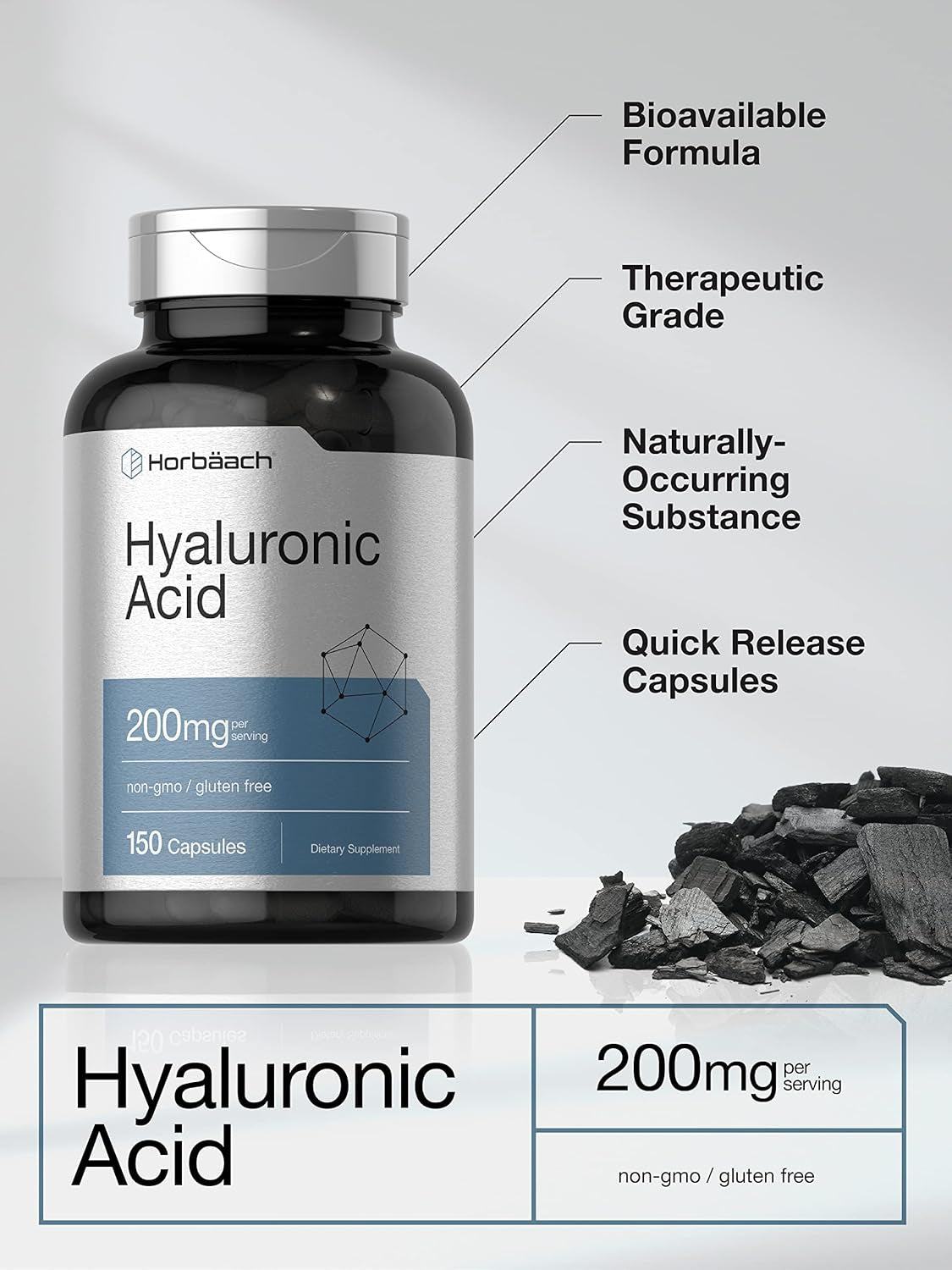 Horbäach Hyaluronic Acid Supplement | 200 Mg | 150 Capsules | Non-Gmo and Gluten Free Supplement