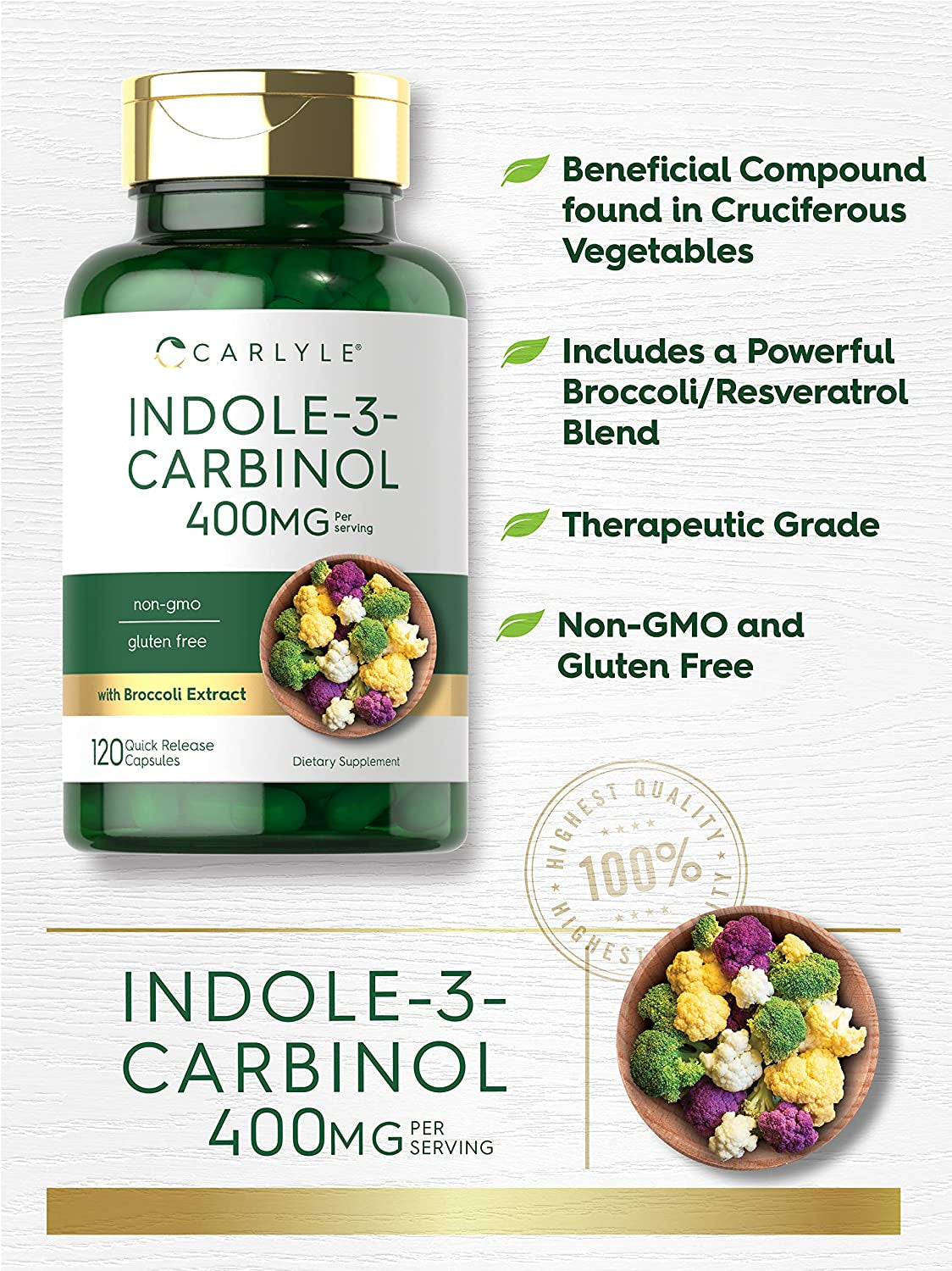 Carlyle Indole-3-Carbinol (I3C) 400Mg | 120 Capsules | Advanced Formula with Broccoli Extract | Non-Gmo, Gluten Free