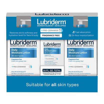 Lubriderm Daily Moisture Lotion, Fragrance Free 24 Fl Oz, 2-Count + 6 Fl Oz Travel Size