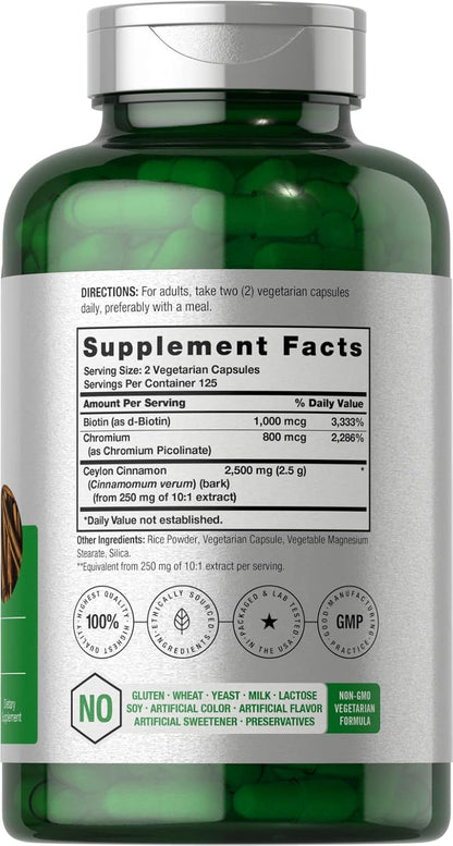 Horbäach Cinnamon with Chromium & Biotin 2500Mg | 250 Capsules | Herb Extract Supplement | Vegetarian, Non-Gmo, Gluten Free Extract Supplement