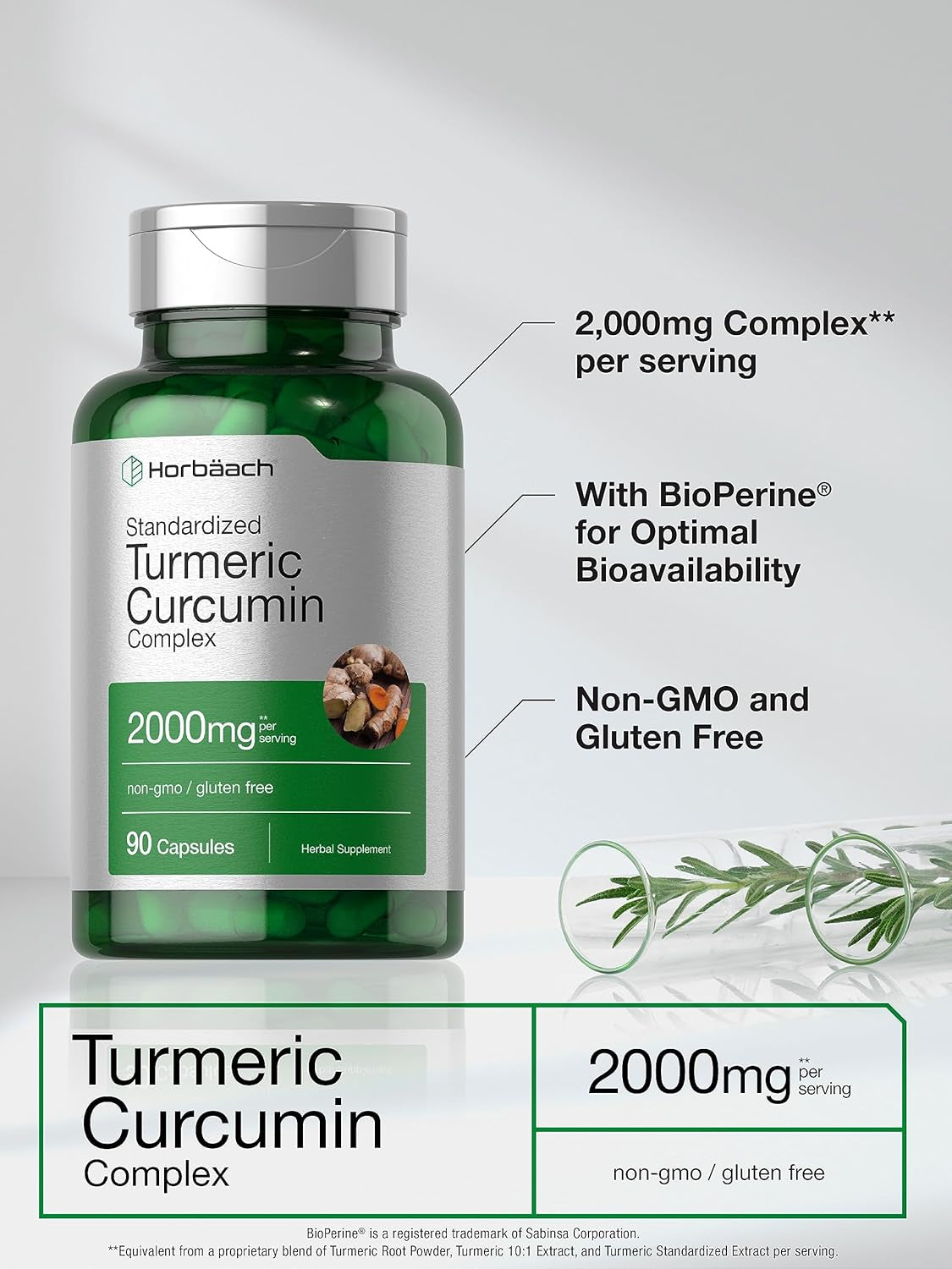 Horbäach Turmeric Curcumin Supplement 2000Mg | 90 Capsules | Complex with Black Pepper | Non-Gmo, Gluten Free