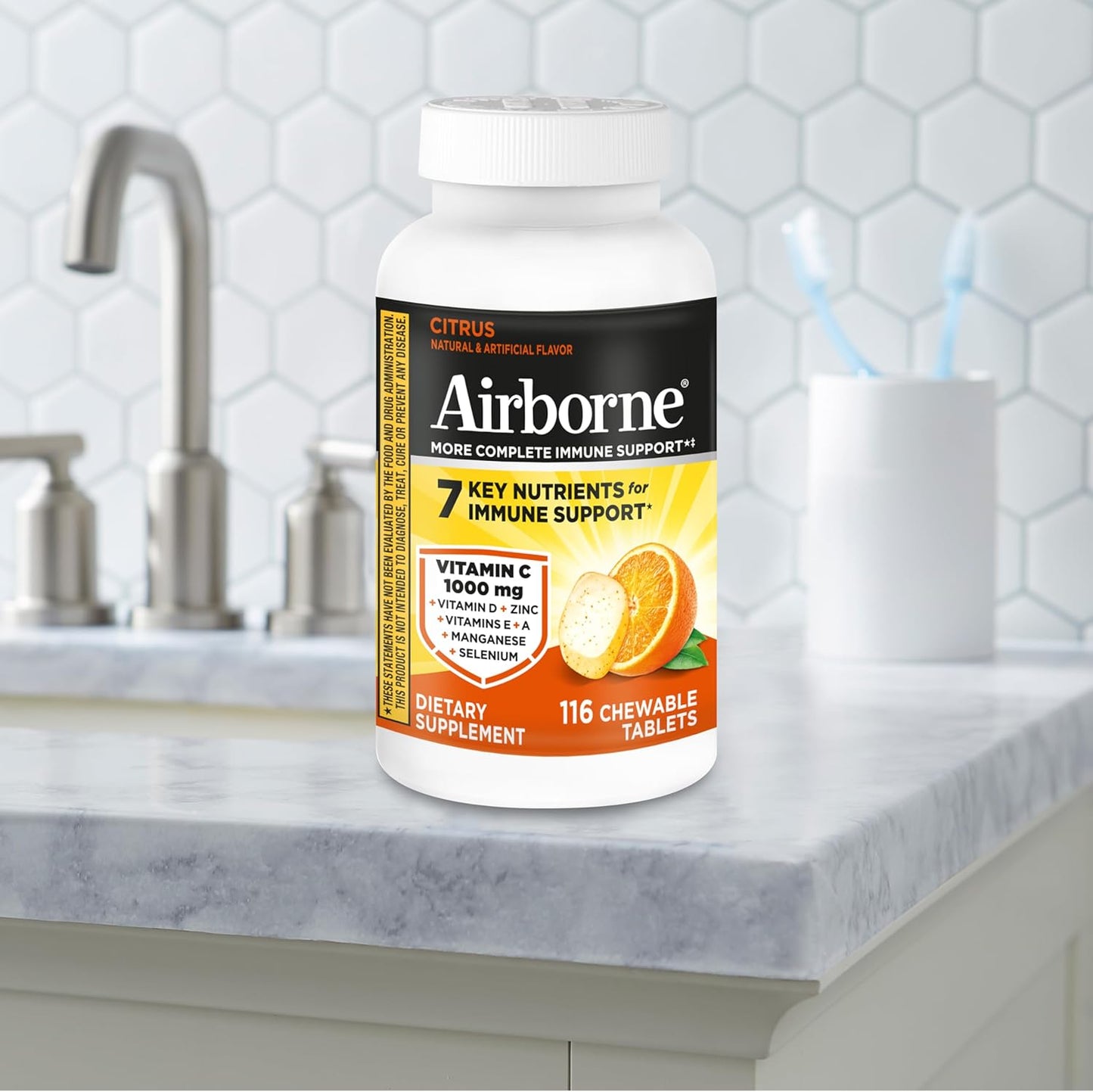 Airborne Vitamin C 1000Mg (Per Serving) - Citrus Chewable Tablets (116 Count in a Bottle), Gluten-Free Immune Support Supplement, with Vitamins a C E, Zinc, Selenium, Echinacea, Ginger, Antioxidants
