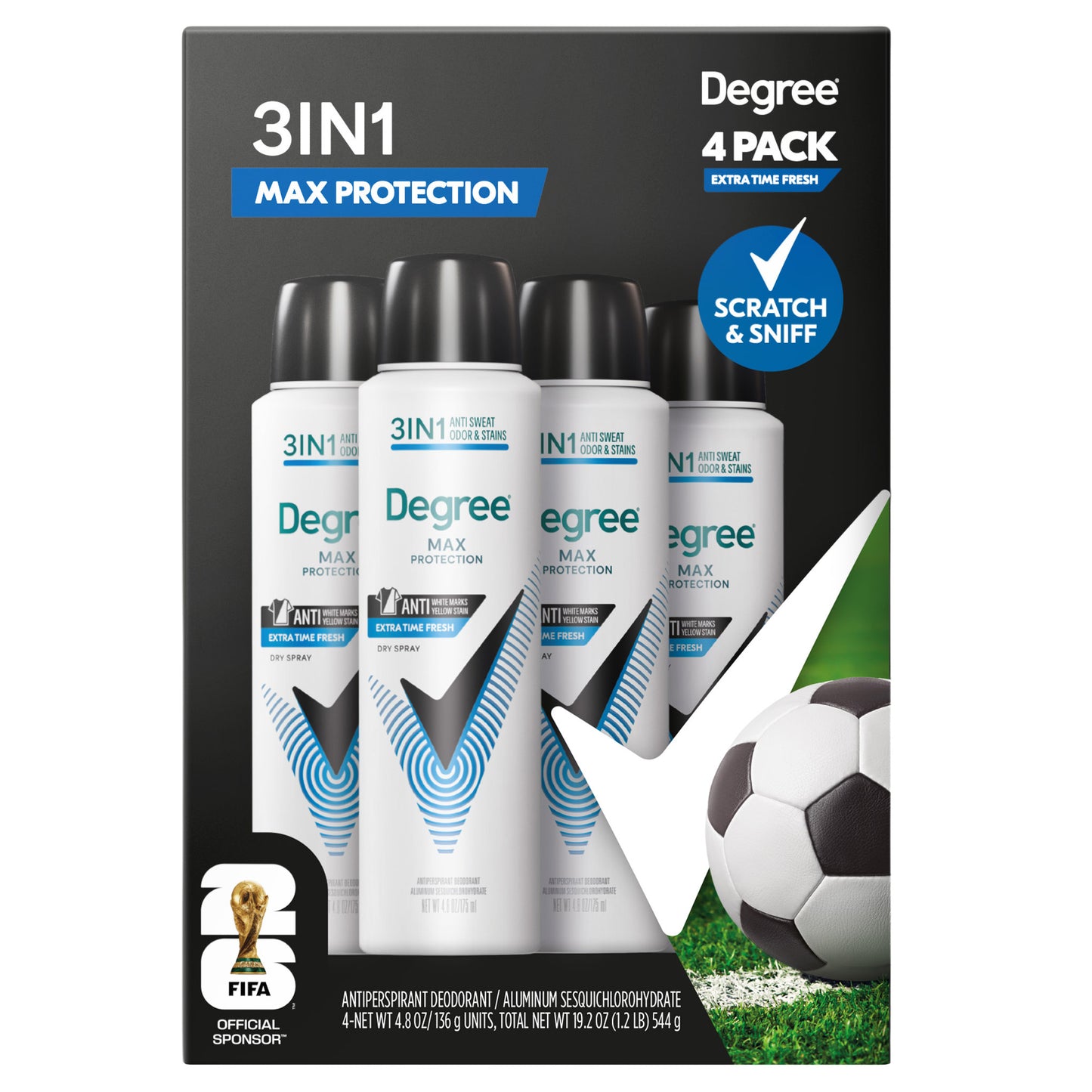 Degree Men'S Max Protection 3 in 1  Dry Spray, 4.8 Oz, 4-Pack