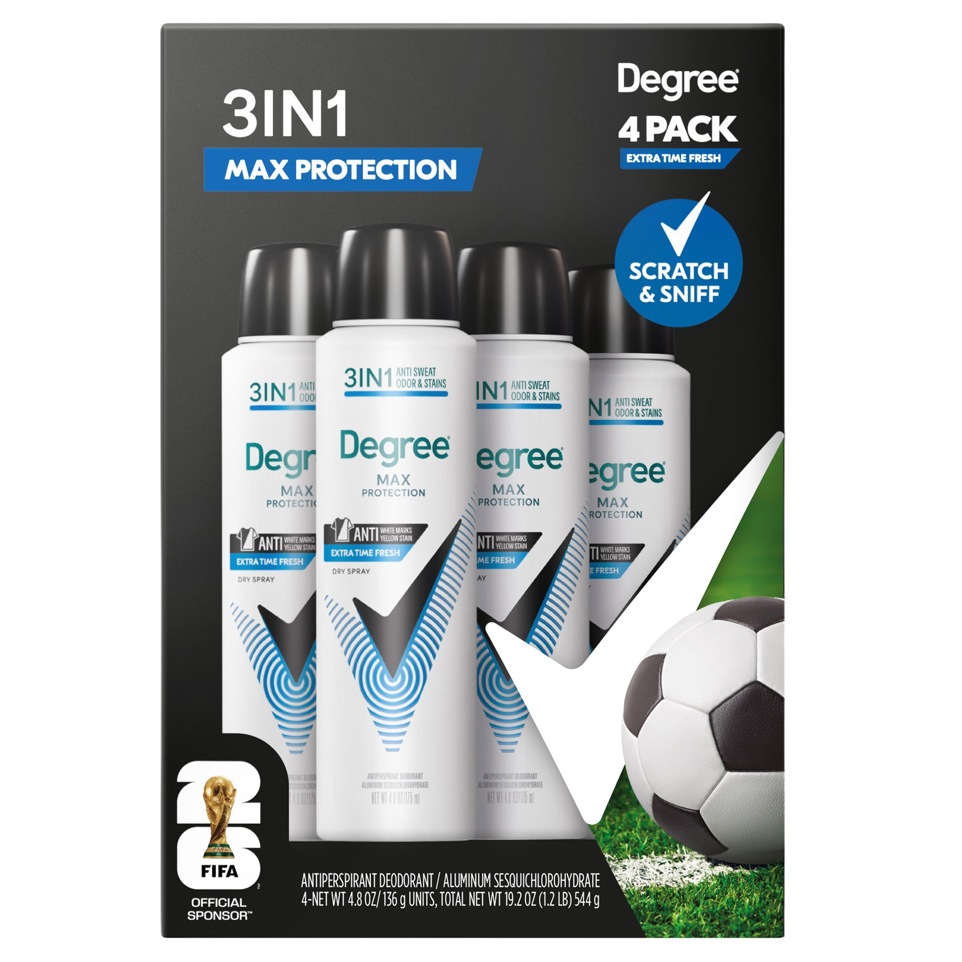 Degree Men'S Max Protection 3 in 1  Dry Spray, 4.8 Oz, 4-Pack