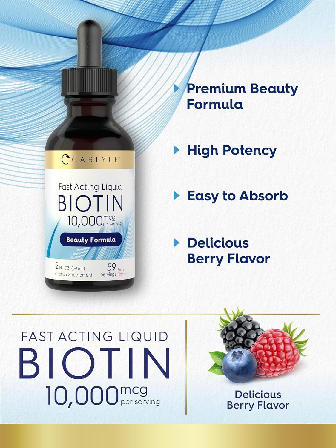 Carlyle Liquid Biotin 10000Mcg | 2 Oz | Extra Strength Drops | Vegetarian, Non-Gmo, Gluten Free Supplement