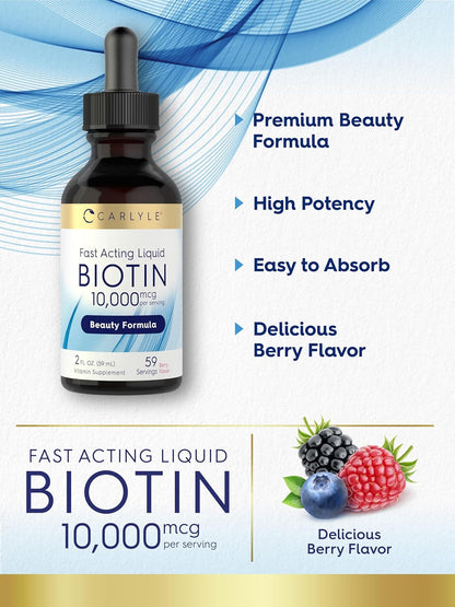 Carlyle Liquid Biotin 10000Mcg | 2 Oz | Extra Strength Drops | Vegetarian, Non-Gmo, Gluten Free Supplement