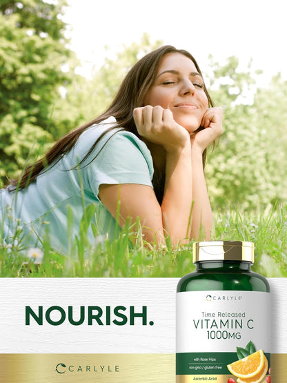 Carlyle Vitamin C 1000Mg | Timed Release | 120 Vegetarian Caplets | with Rose HIPS | Non-Gmo & Gluten Free Supplement