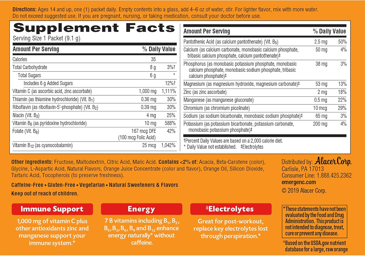Emergen-C 1000Mg Vitamin C Powder for Daily Immune Support Caffeine Free Vitamin C Supplements with Zinc and Manganese, B Vitamins and Electrolytes, Super Orange Flavor - 30 Count