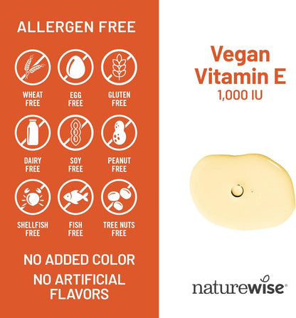 Naturewise Vitamin E 1000 IU Softgels (450Mg Dl-Alpha) - Vegan, Gluten-Free, Soy-Free, Non-Gmo Antioxidant Dietary Supplement for Skin, Heart, Eye, and Immune Health Support - 60-Day Supply, 120 Count