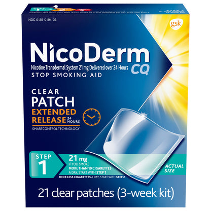 Nicoderm CQ Quit Smoking Aid Patch, 21Mg. or 14Mg., 21 Clear Patches