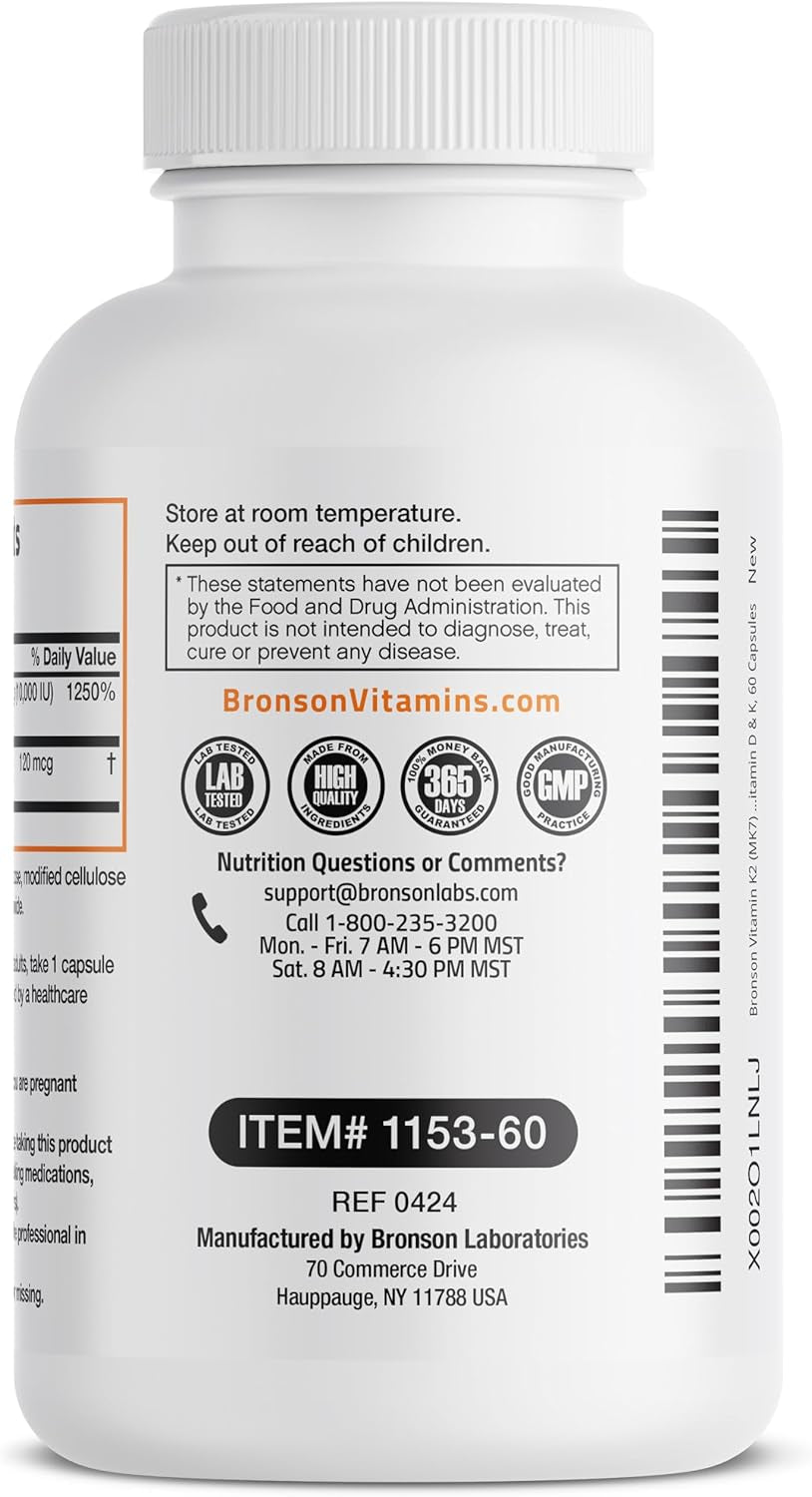 Bronson Vitamin K2 (MK7) with D3 Extra Strength Supplement Bone Health Non-Gmo Formula 10,000 IU & 120 Mcg MK-7 Easy to Swallow D K, 60 Capsules