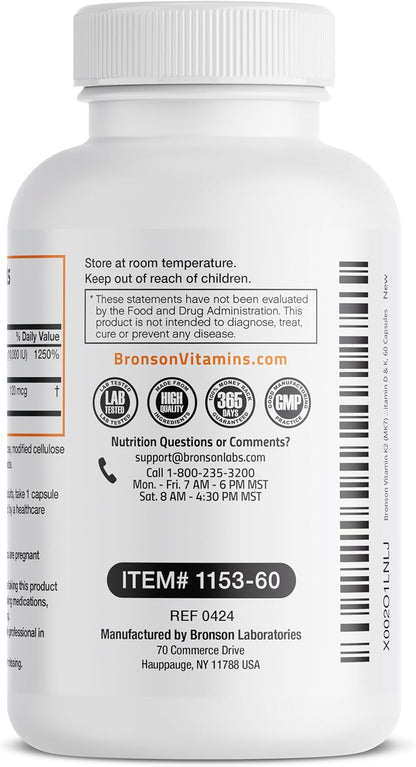 Bronson Vitamin K2 (MK7) with D3 Extra Strength Supplement Bone Health Non-Gmo Formula 10,000 IU & 120 Mcg MK-7 Easy to Swallow D K, 60 Capsules