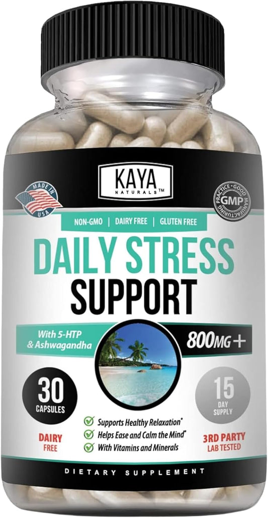 Naturals - Natural Herbal Stress Relief Support Vitamin Supplement to Relax and Calm the Mind - Boost Mood - Happy Pills - Anxiousness Support - 30 Capsules