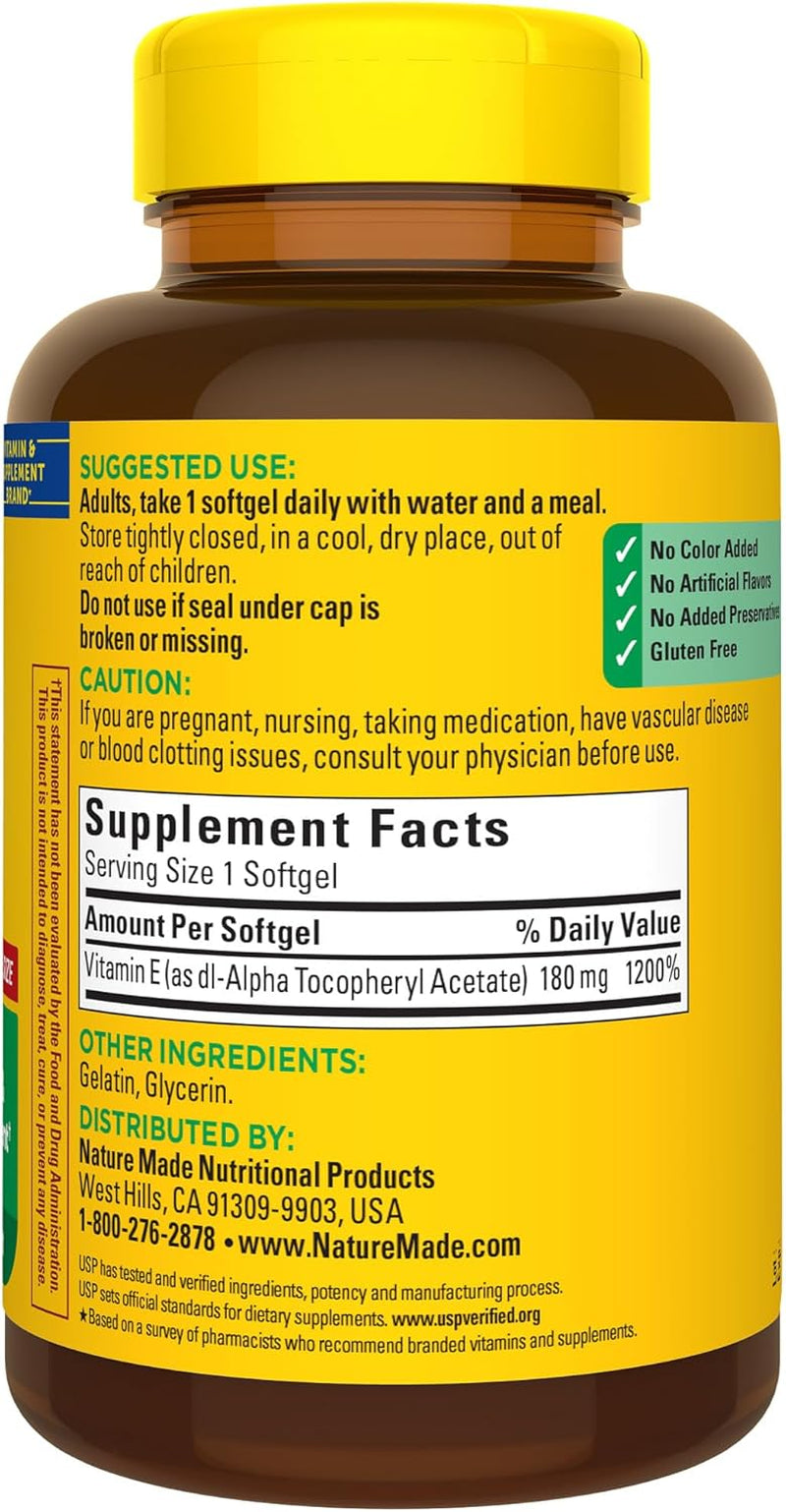 Nature Made Vitamin E 180 Mg (400 IU) Dl-Alpha, Dietary Supplement for Antioxidant Support, 300 Softgels, 300 Day Supply