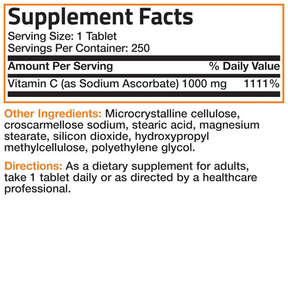 Bronson Sodium Ascorbate Non Acidic Vitamin C 1000 Mg Tablets - Gentle on the Stomach - Immune System Booster - Powerful Antioxidant - Non GMO Vitamin C Supplement, 250 Count