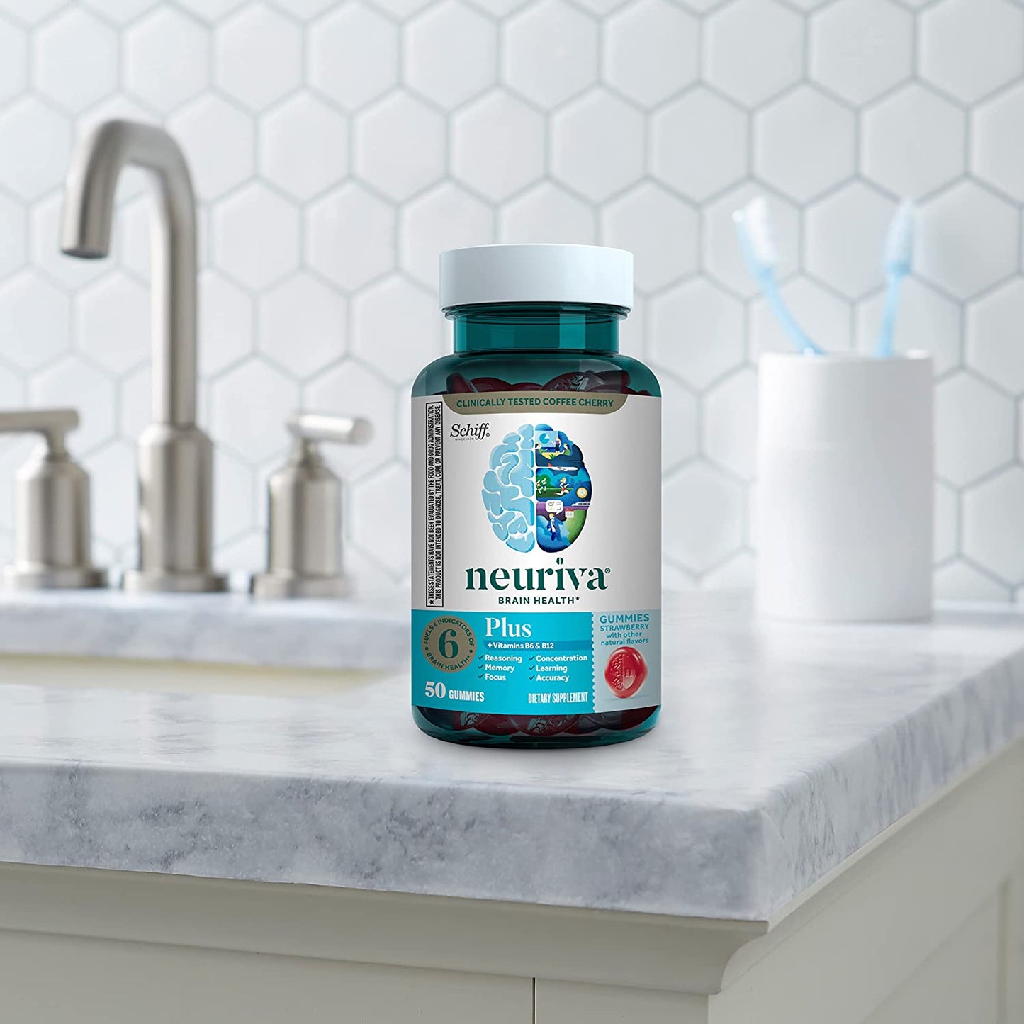 NEURIVA plus Brain Supplement for Memory,Focus & Concentration+Cognitive Function with Vitamins B6 & B12 and Clinically Tested Nootropics Phosphatidylserine and Neurofactor,50Ct Strawberry Gummies