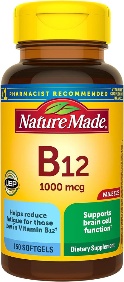 Nature Made Vitamin B12 1000 Mcg, Dietary Supplement for Energy Metabolism Support, B12 Vitamins 1000 Mcg, 150 Softgels, 150 Day Supply