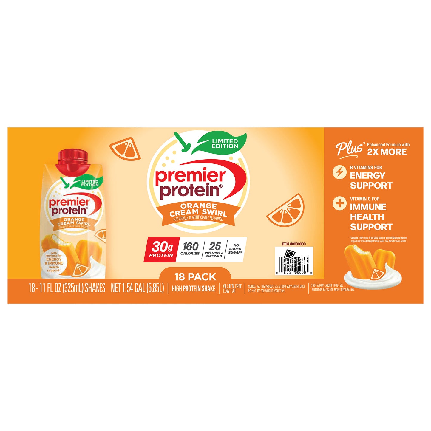 Premier 30G Protein plus Energy and Immune Support Shakes, Orange Cream Swirl, 11 Fl Oz, 18-Pack