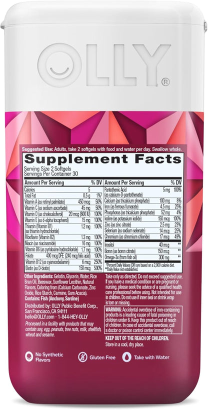 OLLY Ultra Women'S Multi Softgels, Overall Health and Immune Support, Omega-3S, Iron, Vitamins A, D, C, E, B12, Daily Multivitamin, 30 Day Supply - 60 Count