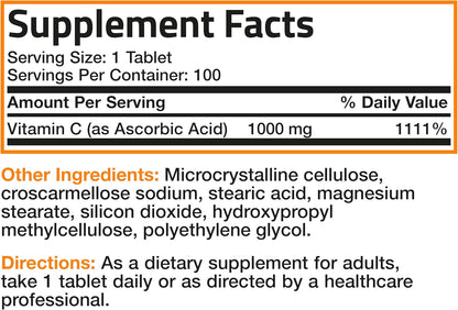Bronson Vitamin C 1000Mg Premium Non-Gmo Ascorbic Acid Tablets, 100 Count