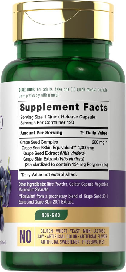 Carlyle Grape Seed Extract 4,000Mg | 120 Quick Release Capsules | Standardized Extract Complex with Polyphenols | Non-Gmo, Gluten Free Supplement