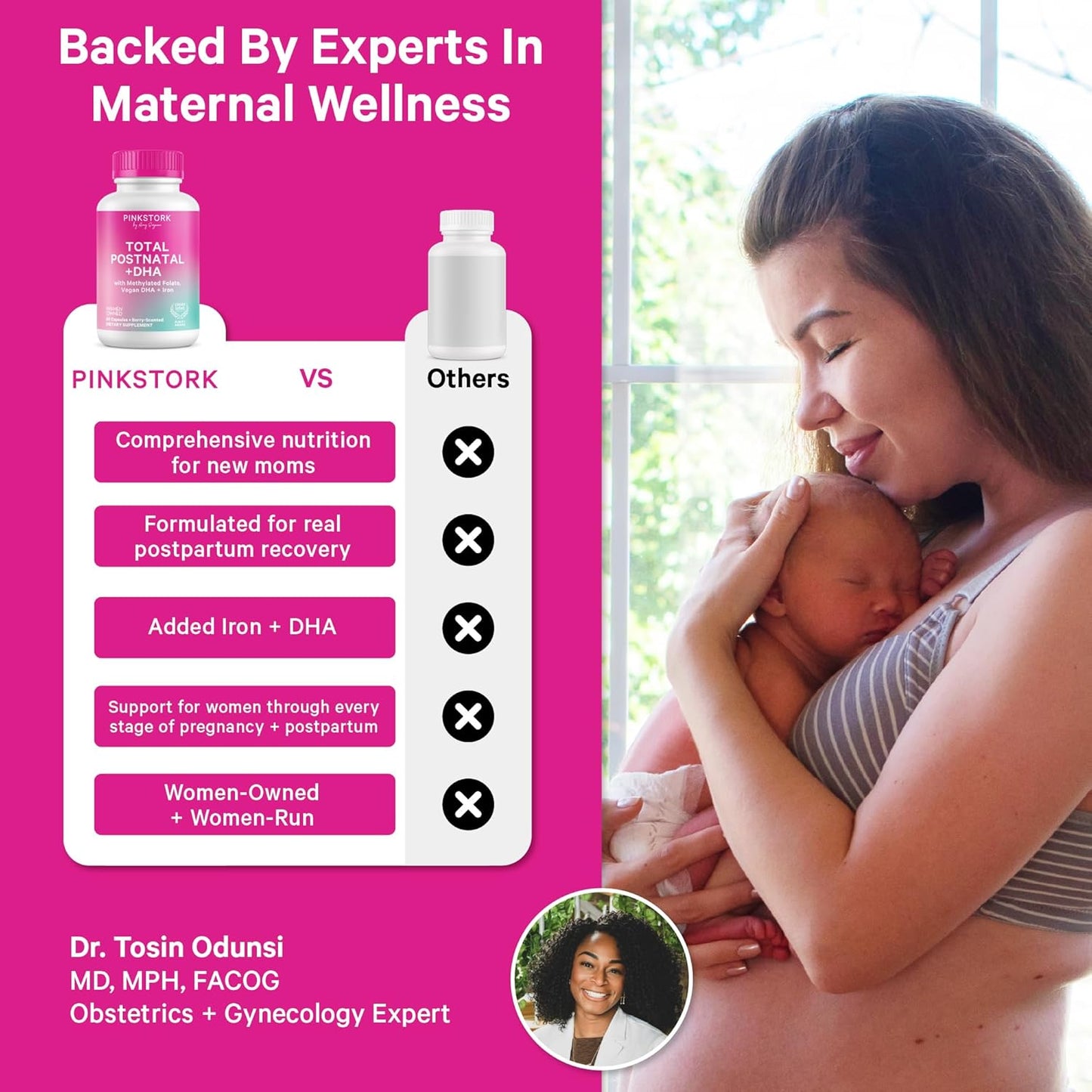 Pink Stork Total Postnatal Vitamins for Women with Vegan DHA, Iron, Folate, and Vitamin B12, Postpartum Recovery Essentials, Daily Supplement for Breastfeeding Moms - 1 Month Supply
