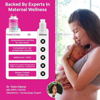 Pink Stork Total Postnatal Vitamins for Women with Vegan DHA, Iron, Folate, and Vitamin B12, Postpartum Recovery Essentials, Daily Supplement for Breastfeeding Moms - 1 Month Supply