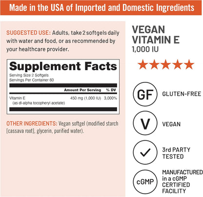 Naturewise Vitamin E 1000 IU Softgels (450Mg Dl-Alpha) - Vegan, Gluten-Free, Soy-Free, Non-Gmo Antioxidant Dietary Supplement for Skin, Heart, Eye, and Immune Health Support - 60-Day Supply, 120 Count