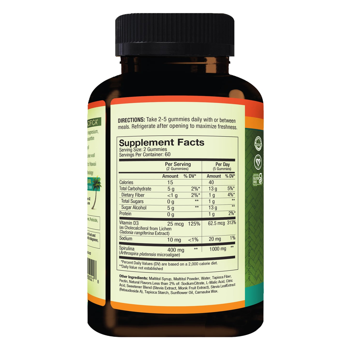 Pure Hawaiian Spirulina plus Vitamin D3 200 Mg, 120 Gummies, Tropical