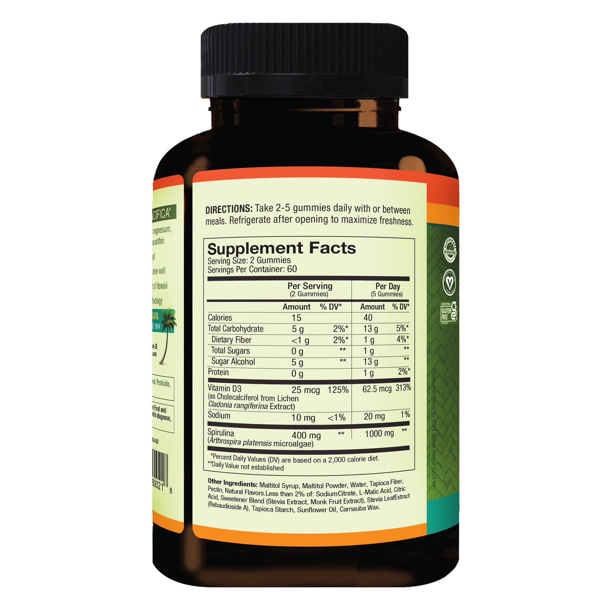 Pure Hawaiian Spirulina plus Vitamin D3 200 Mg, 120 Gummies, Tropical