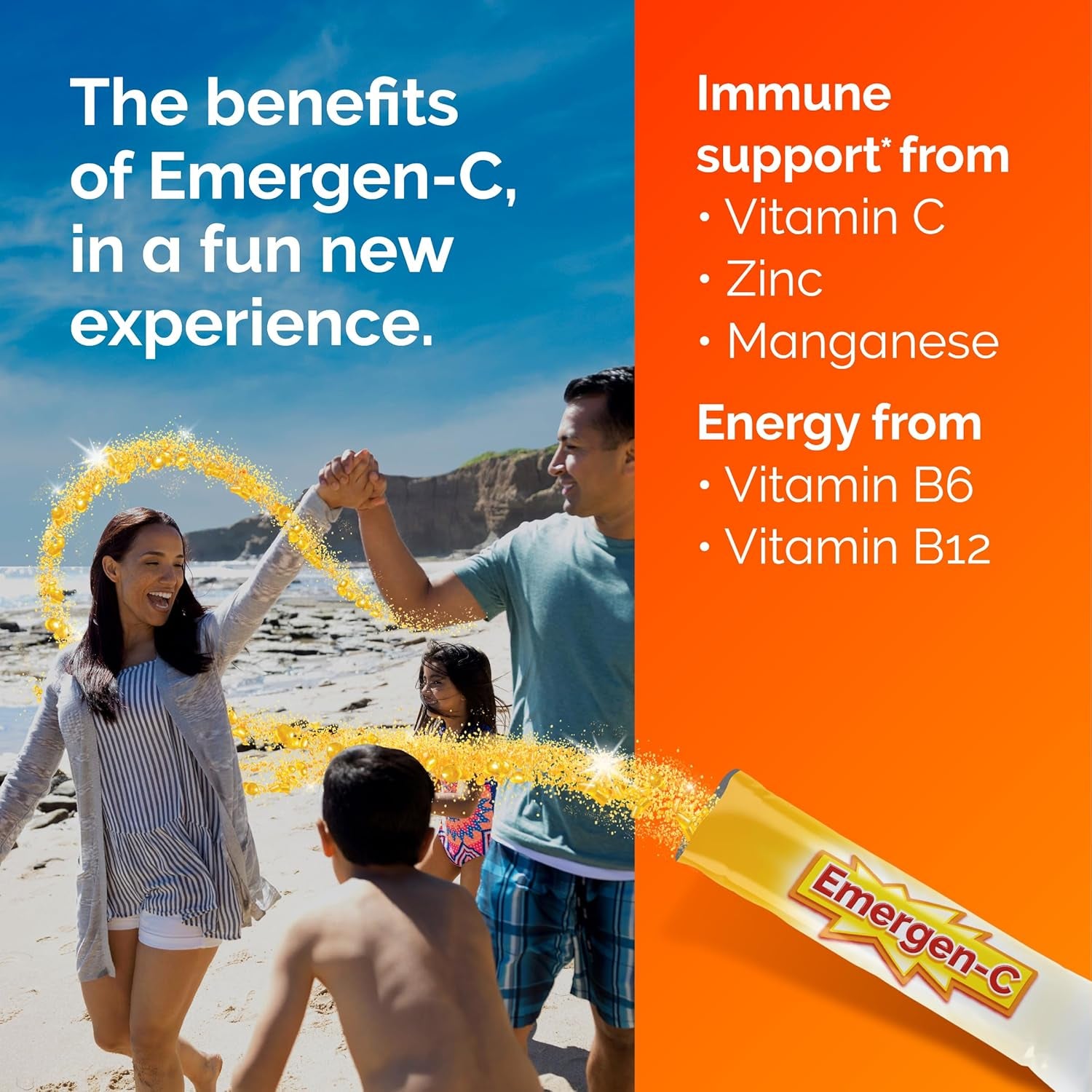 Emergen-C Crystals, On-The-Go Emergen-C Immune Support Supplement with Vitamin C, B Vitamins, Zinc and Manganese, Orange Vitality - 56 Stick Packs