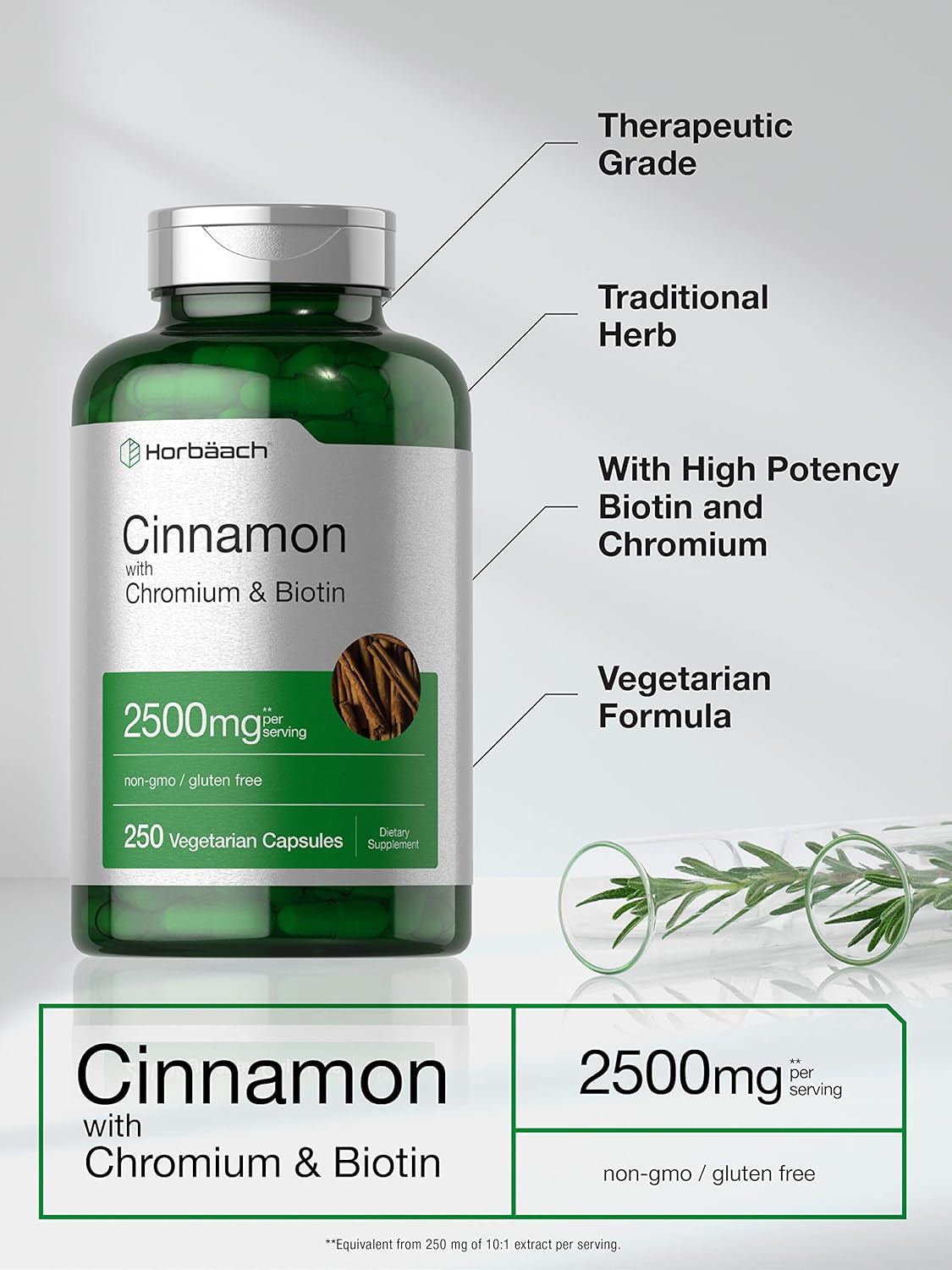 Horbäach Cinnamon with Chromium & Biotin 2500Mg | 250 Capsules | Herb Extract Supplement | Vegetarian, Non-Gmo, Gluten Free Extract Supplement