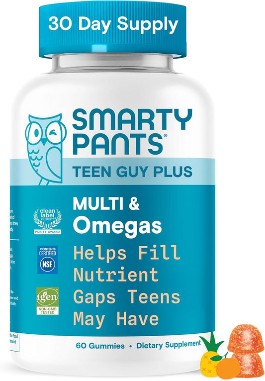 Smartypants Teen Guy Multivitamin Gummies - Improved Formula: Omega 3 (DHA/EPA), Vitamin D3, C, Vitamin B12, B6, A, K & Zinc, Folate, Gluten Free, Fruit Flavor, 60 Count (30 Day Supply)
