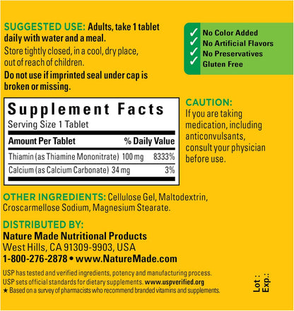 Nature Made Vitamin B1 100Mg, Thiamine B1 Supplement for Energy Metabolism Support, 100 Tablets, 100 Day Supply