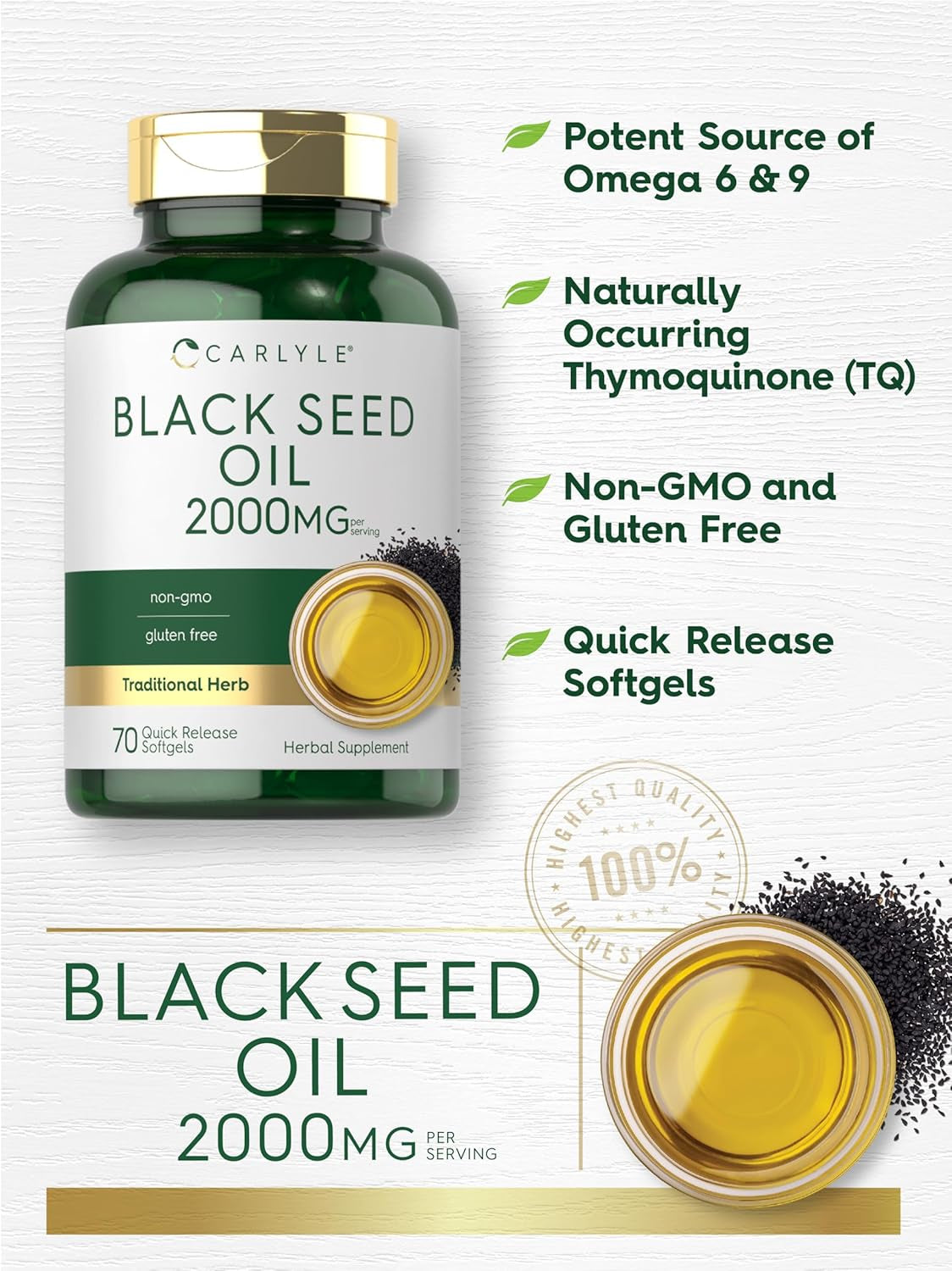 Carlyle Black Seed Oil Softgel Capsules | 2000Mg | 70 Pills | for Women & Men | Non-Gmo, Gluten Free Herbal Supplement