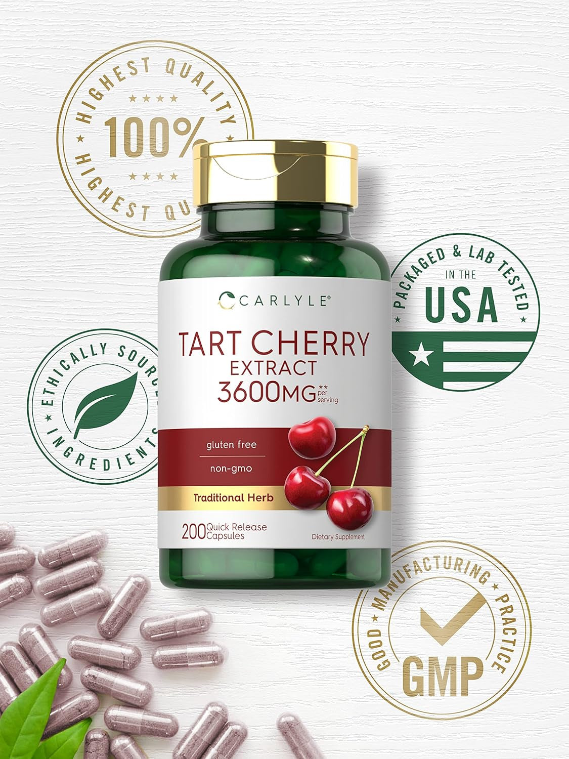Carlyle Tart Cherry Extract Capsules | 200 Count | Non-Gmo and Gluten Free Formula | Traditional Herb Supplement