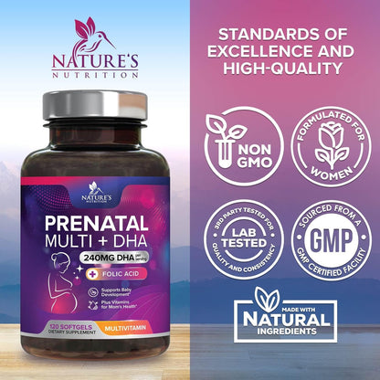 Prenatal Vitamins for Women with Folic Acid + Omega 3 DHA for Fetal Brain Development, Best Prenatal Vitamin Supplement, Daily Pregnancy Multivitamin Nutritional Support, Vegan, Non-Gmo, 120 Softgels
