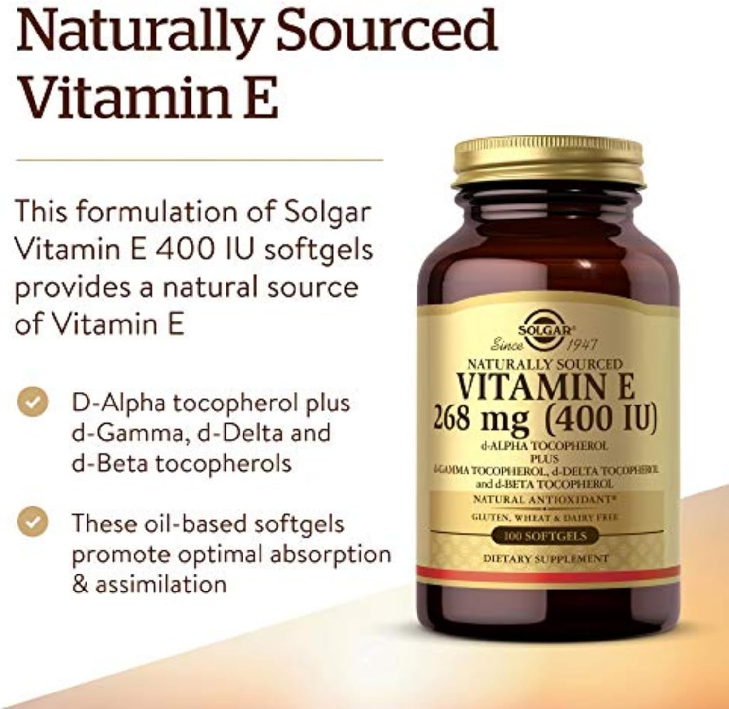 Solgar Vitamin E 268 MG (400 IU) (D-Alpha Tocopherol & Mixed Tocopherols), 100 Softgels - Supports Immune System & Skin Nutrition - Natural Antioxidant - Gluten Free, Dairy Free - 100 Servings