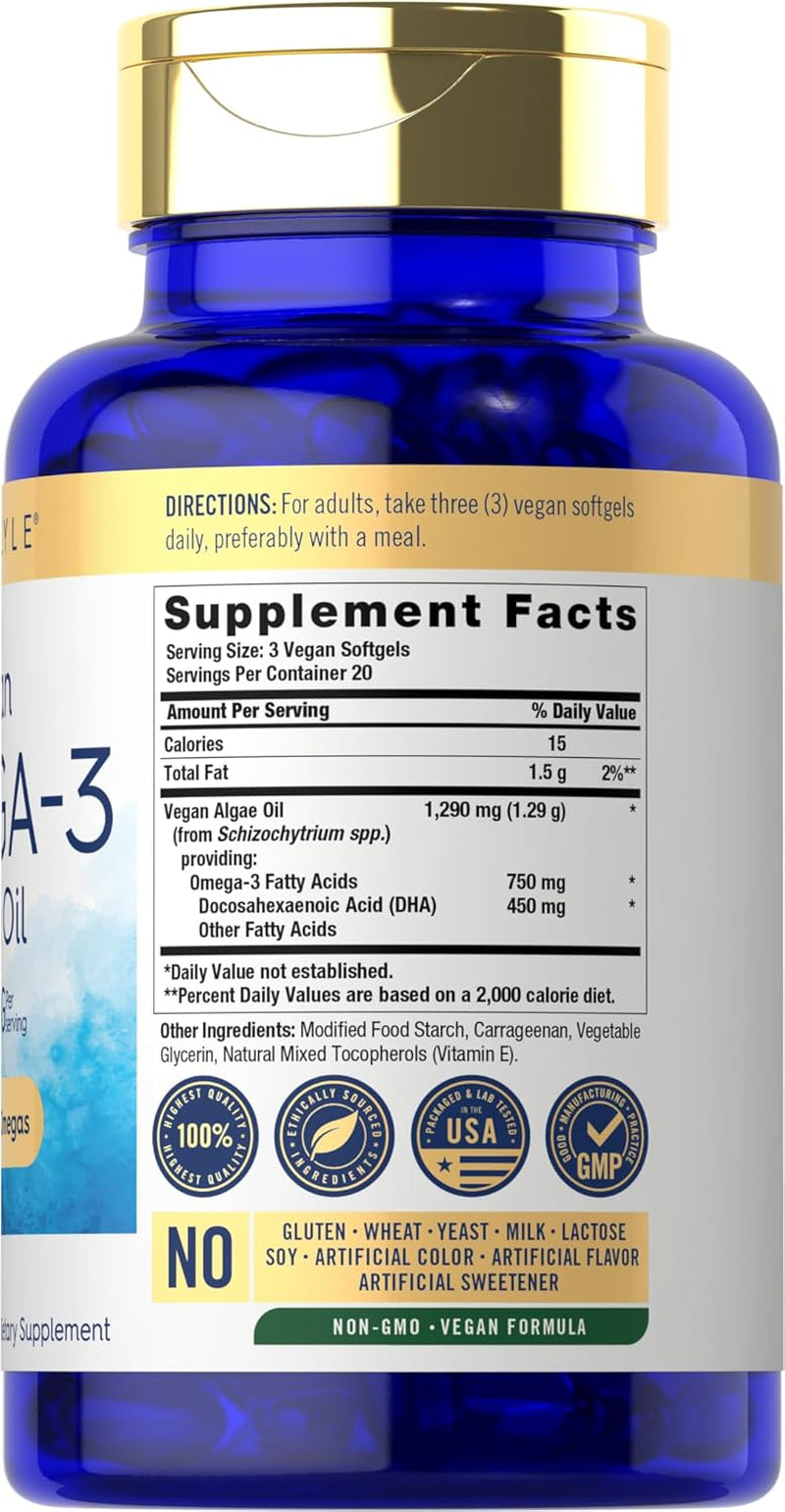 Carlyle Vegan Omega 3 Supplement | 1290 Mg | 60 Softgels | Plant Based | Non-Gmo & Gluten Free | from Algae Oil